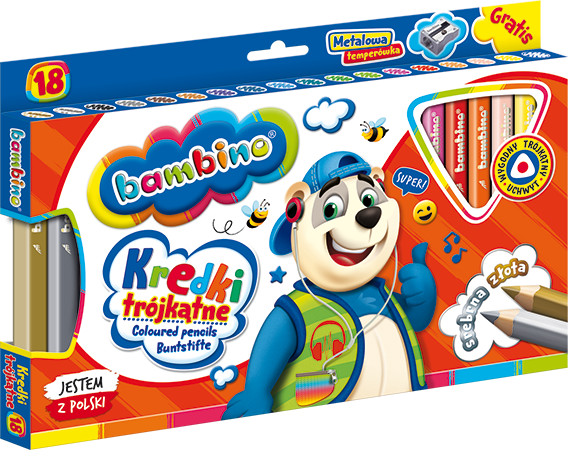 Kredki trójkątne BAMBINO w oprawie drewnianej 18kol. temperówka